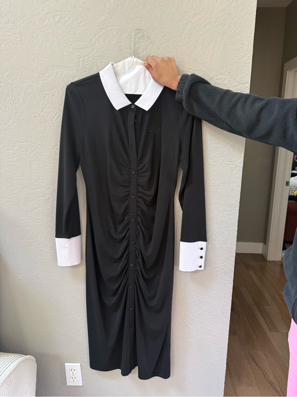Karl Lagerfeld Black Midi Dress with White Collar and Cuffs